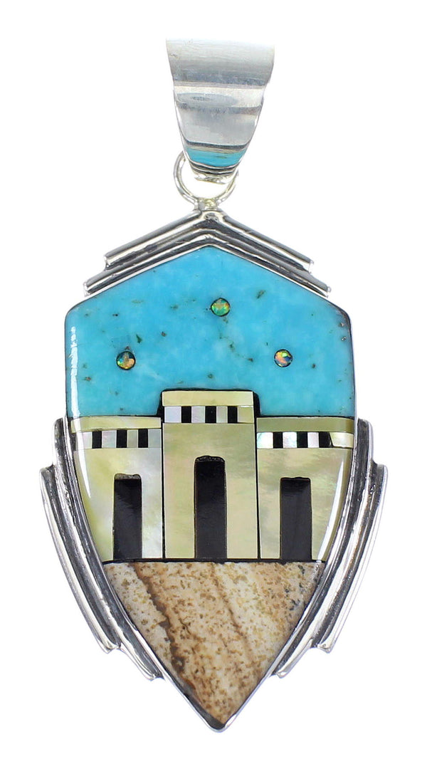 Multicolor Inlay Genuine Sterling Silver Native American Village Design Pendant RX94532